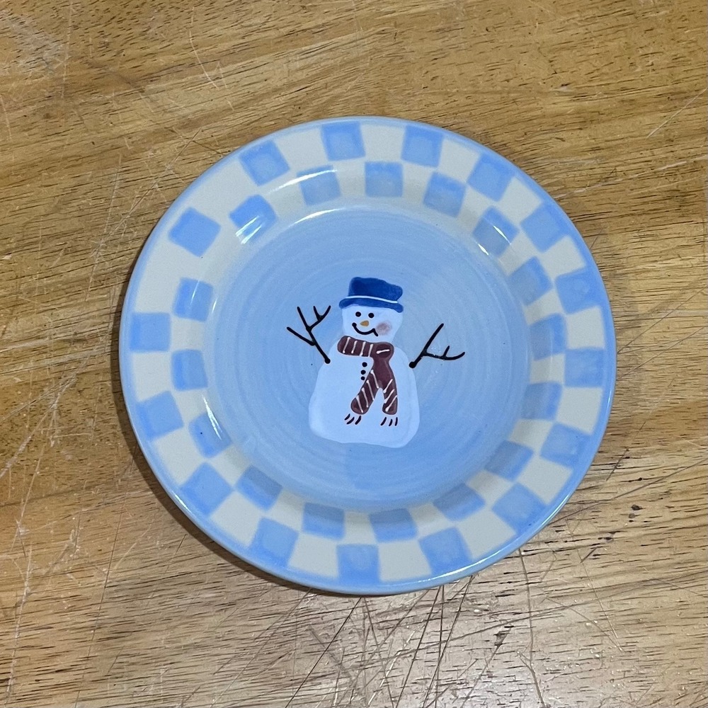 Vtg Crate & Barrel Hartstone Pottery Snowman Dessert Plate Blue Checkered 7.5"